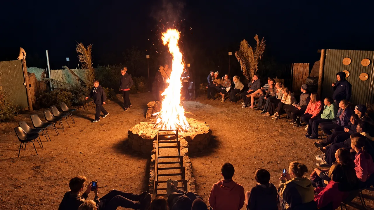 Learners gathered around a campfire at night
