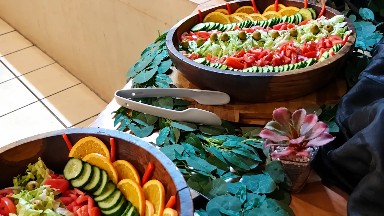 A colourful catered meal prepared for a school group