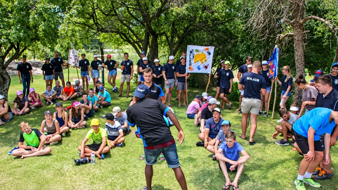 School group supporting a learner during an outdoor activity