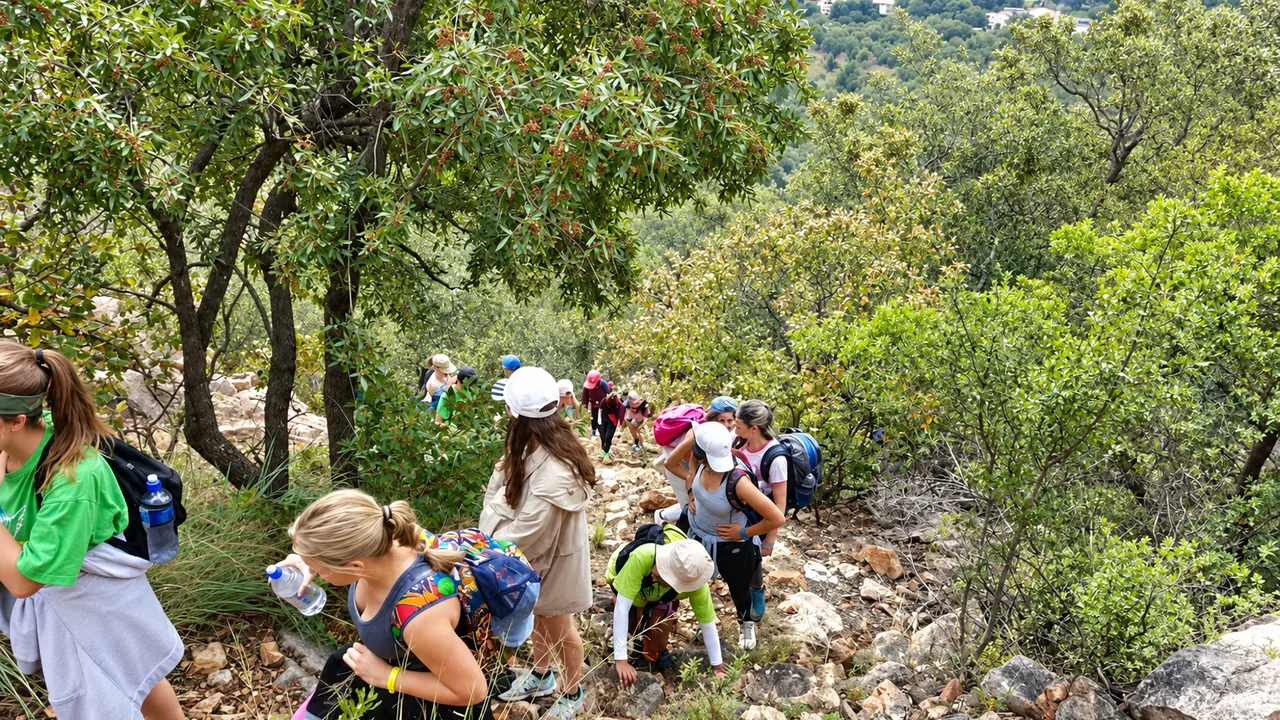School group exploring a natural rocky area