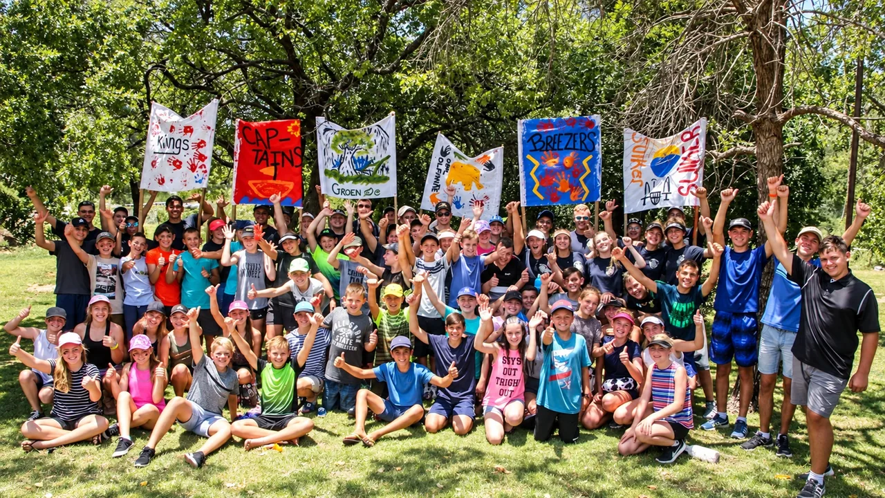 Large school group celebrating a completed camp programme