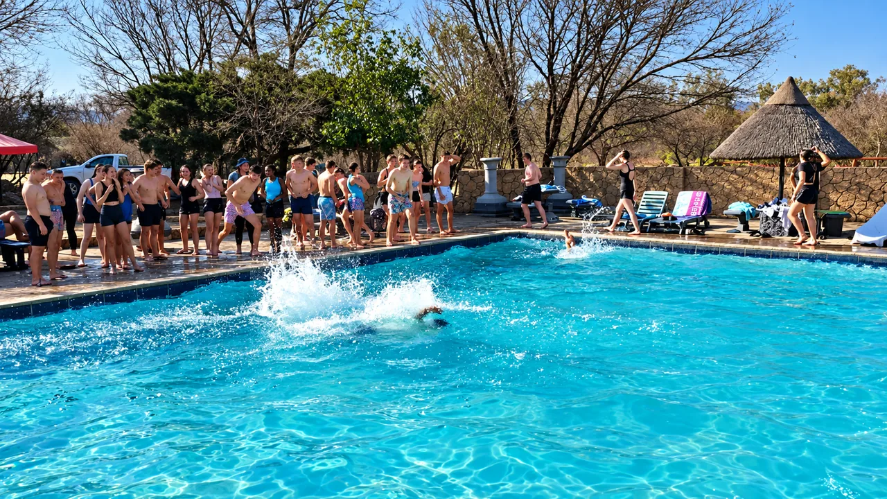 School group enjoying supervised free time at the swimming pool