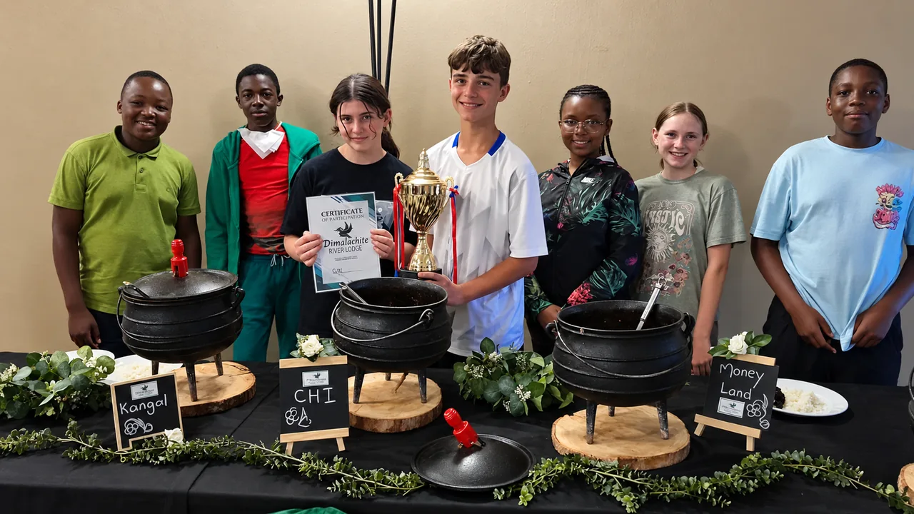 Learners proudly standing behind their potjiekos dishes