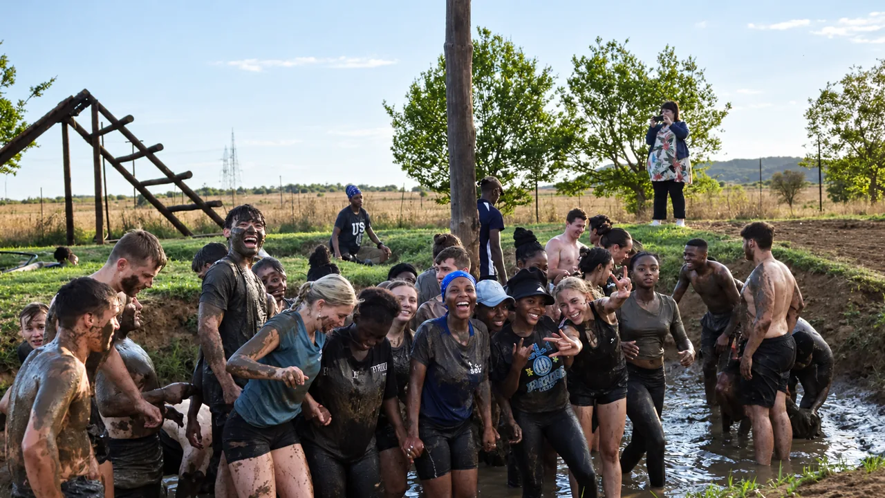Learners tackling a group obstacle together