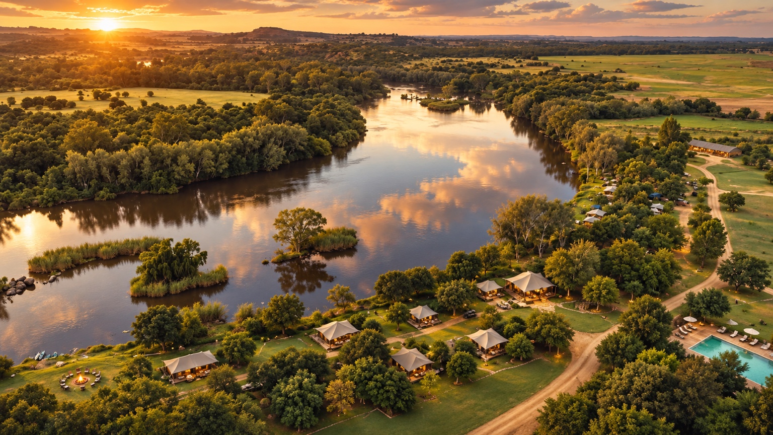 Golden sunset over the river, islands and riverside camp